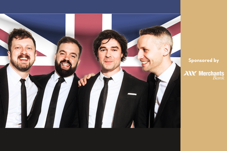 Men in front of a British flag