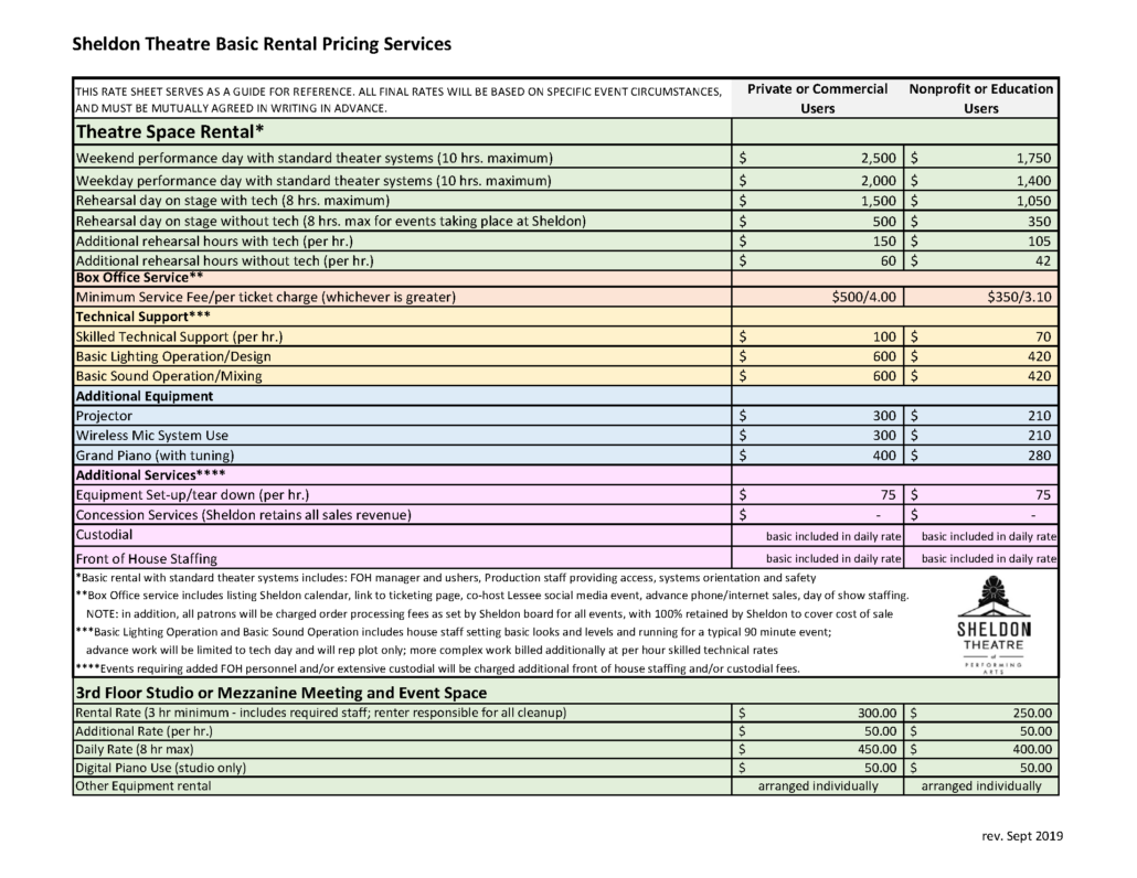 Rental Pricing sheet