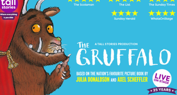 Cartoon gruffalo behind a curtain, peeking out