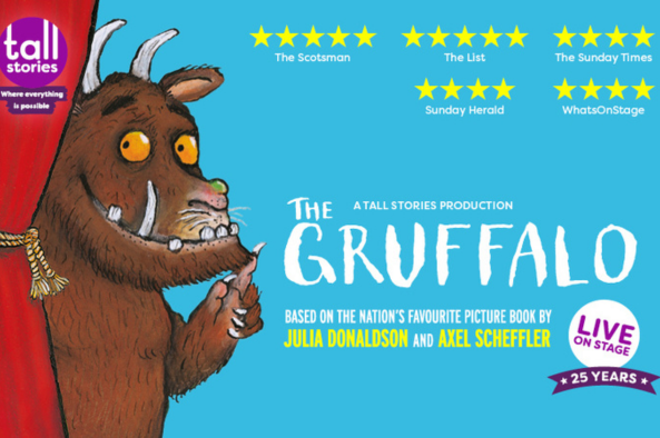 Cartoon gruffalo behind a curtain, peeking out