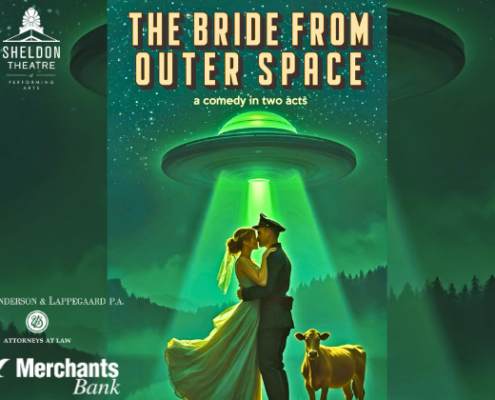 Phoenix Theatre: Bride from Outerspace - Nov 12-15 bride and groom standing next to a cow under a spaceship