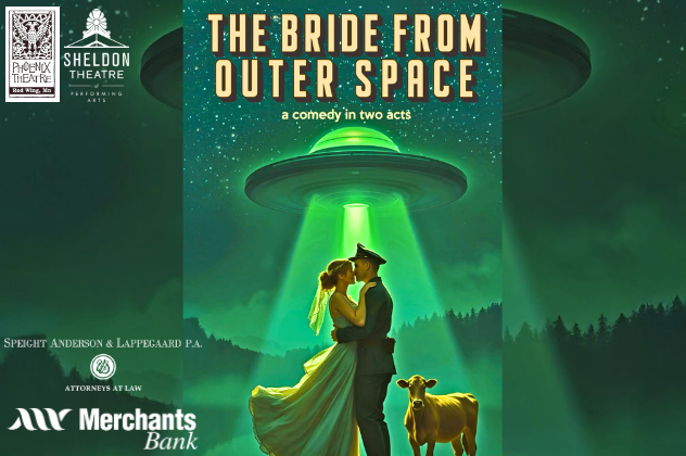 Phoenix Theatre: Bride from Outerspace - Nov 12-15 bride and groom standing next to a cow under a spaceship