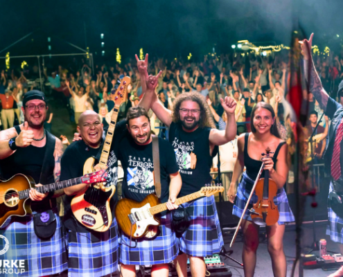 Tartan Terrors - Feb 26 band dressed in blue kilts with guitars and fiddle