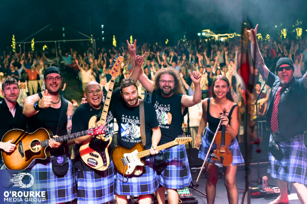 Tartan Terrors - Feb 26 band dressed in blue kilts with guitars and fiddle