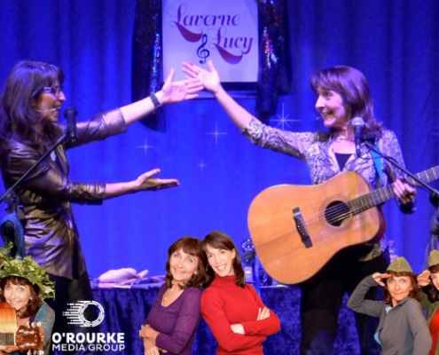 Laverne and Lucy - Mar 10 multiple pics of the same two women with different outfits on and with guitar