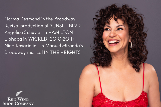Broadway Star Mandy Gonzalez - May 16 woman smiling - Norma Desmond in the Broadway Revival production of Sunset blvd. andelica Schuyler in hamilton, elphaba in wicked (2010-2011) nina rosario in Lin-manuel Miranda's broadway musical in the heights