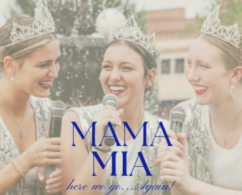 Red Wing Royal Ambassador Pageant 2026 - August 2 3 women in tiaras and it says Mama mia here we go again.