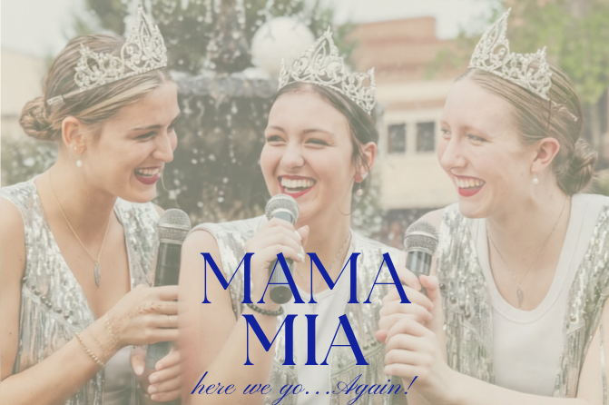 Red Wing Royal Ambassador Pageant 2026 - August 2 3 women in tiaras and it says Mama mia here we go again.